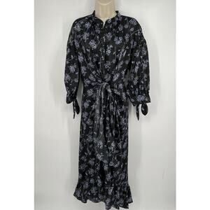 Cinq a Sept Halette Wrap Midi Dress Black Blue Floral Print Size 8